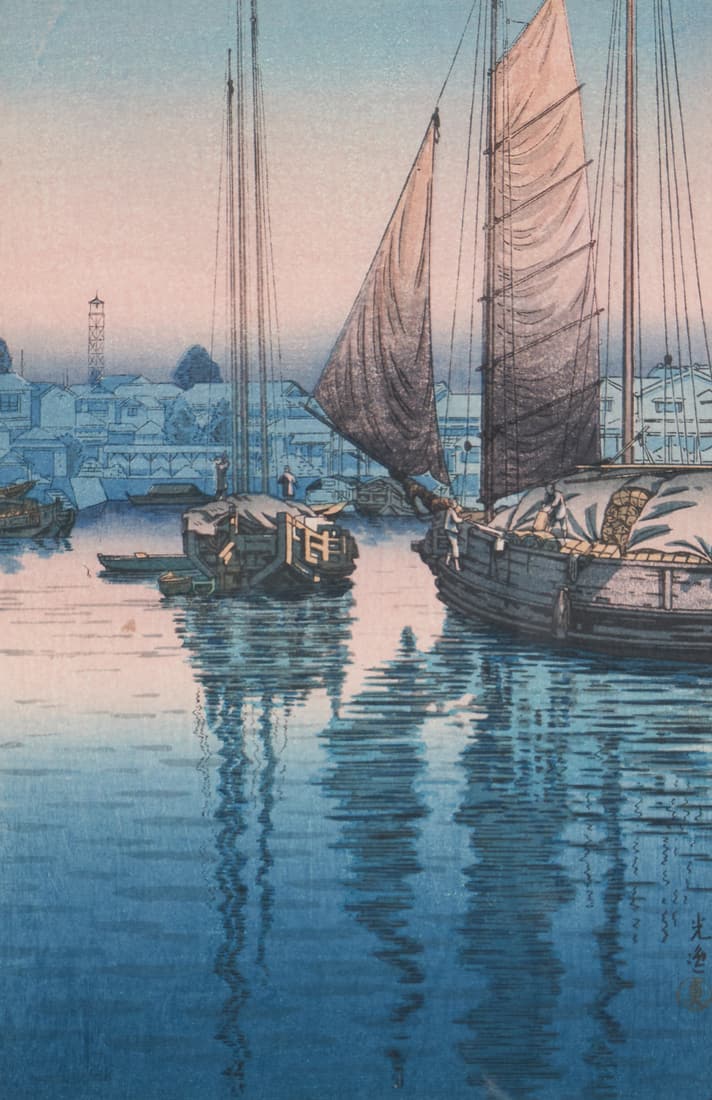 Tsuchiya Koitsu "Sunset at Tomonotsu": Tsuchiya Koitsu (Japanese, 1870-1949) "Sunset at Tomonotsu", woodblock print, signed lower right, 14" x 9-1/4", framed 19-1/4" x 14-1/2", good condition, not examined out of frame