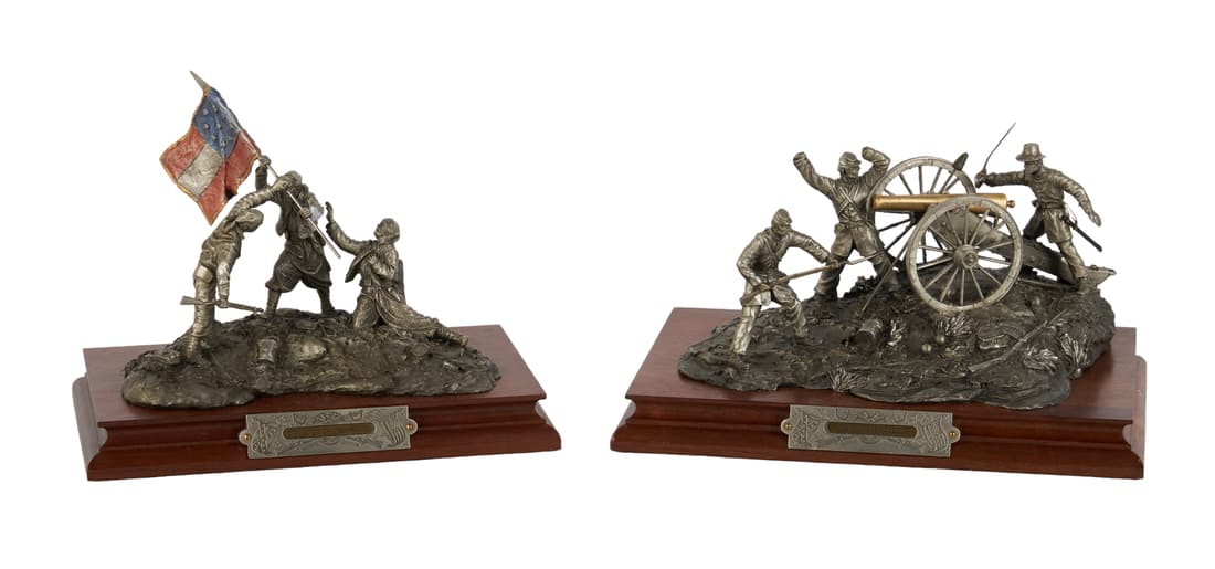 (2) Chilmark Pewter Civil War Figures: (2) Chilmark pewter Civil War figurines, c/o "Parson's Battery" (9-1/2" x 6-1/2" x 5-1/2" h, one soldier missing gun), "Zouaves 1st Manassas" (8-1/2" x 5" x 6-1/2" h)