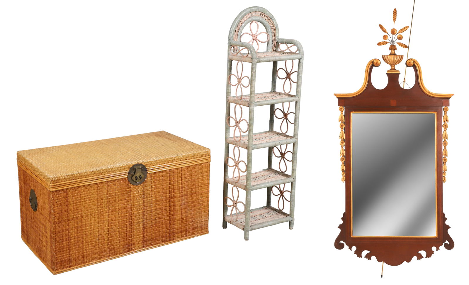 Rattan storage container, painted wicker shelf, Italian style gilt mirror (1 of 5)