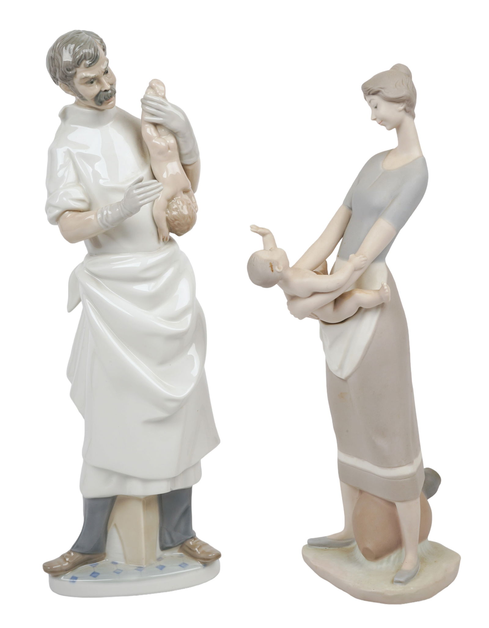 (2) Lladro Porcelain Figures: (2) Lladro porcelain figurines, c/o matte finish Mother and Child (13" h), glossy finish Obstetrician Doctor with baby (14-1/4" h)