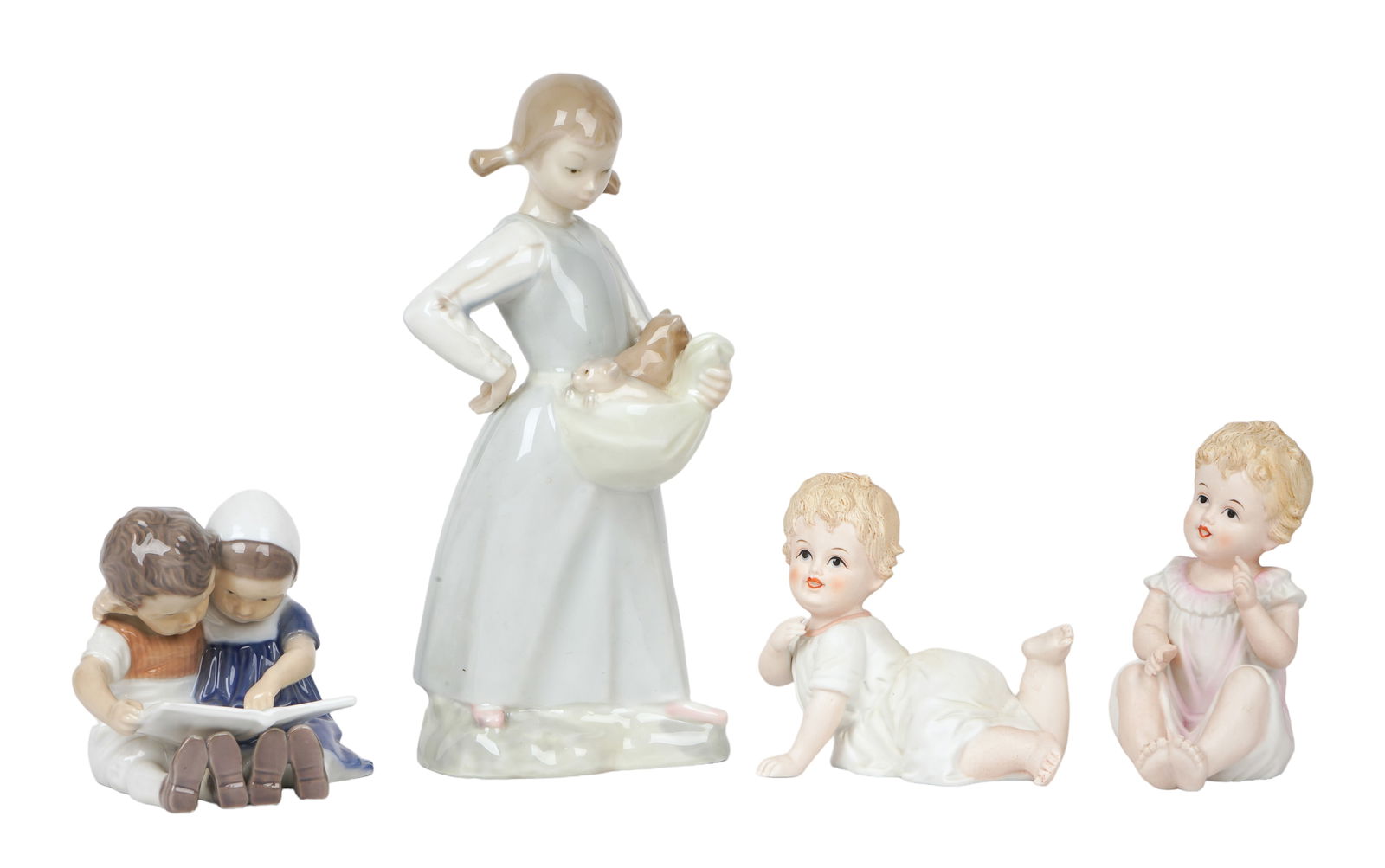 (4) Porcelain Figures: (4) Porcelain figurines, c/o Nao girl with kittens marked "Made in Spain" (9" h), Bing & Grondahl children reading #1567 (3-3/4" h), pair of miniature piano babies marked "7534" (tallest 4-1/2"), chip
