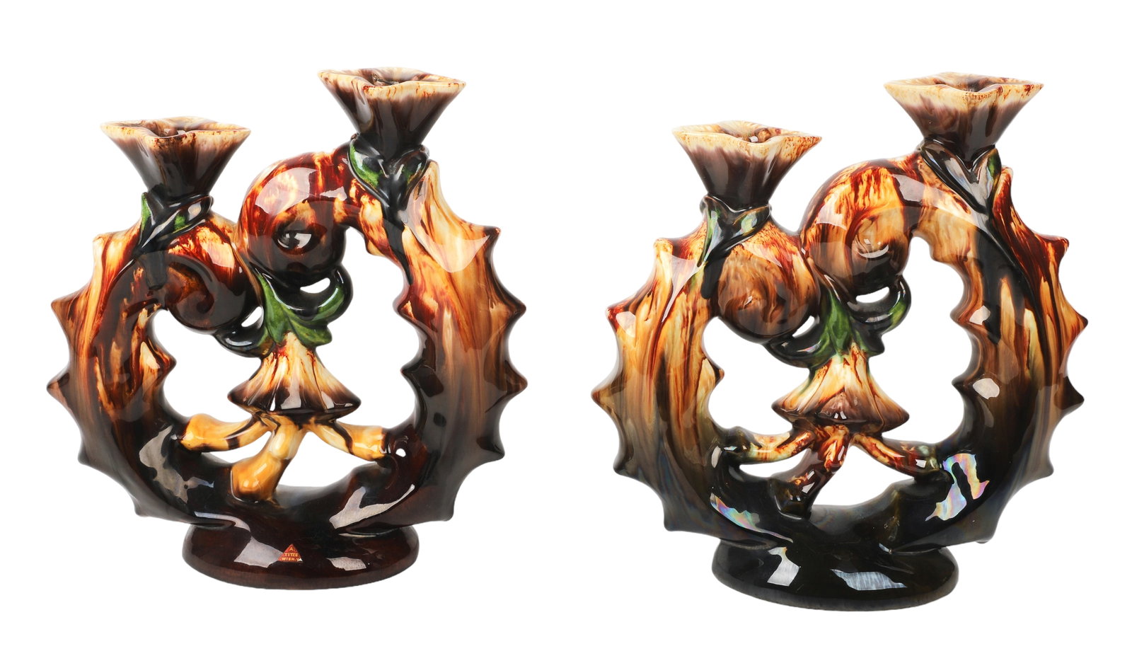 Pair of Graz St Peter Majolica Double Candle Holders: Pair of Graz St Peter majolica double stylized floral candlesticks, 10-5/8" h x 10" w
