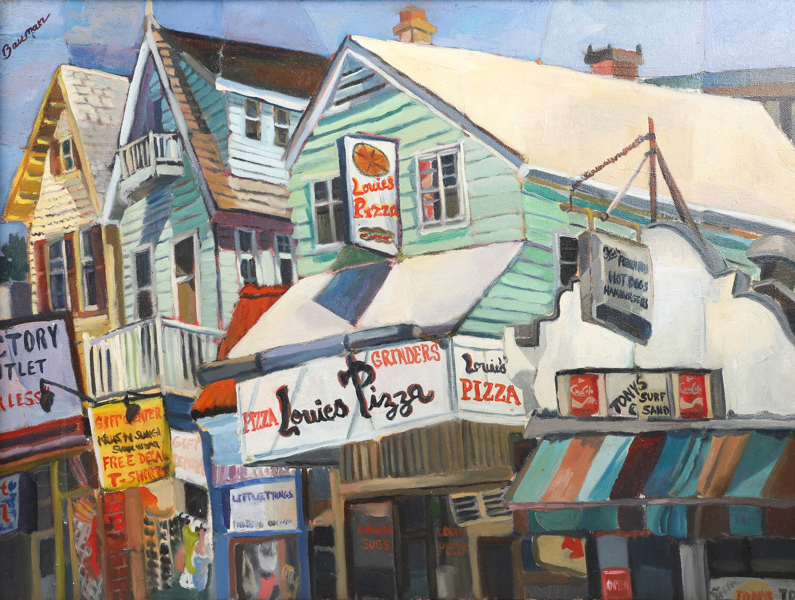 Marilyn Bauman Painting "Louie's Pizza'": Marilyn Bauman (20th C. American DE artist) painting "Louie's Pizza" depicting the famous pizza shop in Rehoboth Beach, Bauman studied with Edward Loper and wrote a book on him, oil on canvas, signed