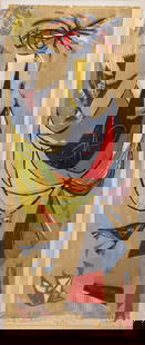 Seong Moy Woodcut "The Bird Charmer": Seong Moy (Asian American 1921-2013) Woodcut "The Bird Charmer" color woodcut on paper, pencil signed S. Moy, edition 28/30-2, 15" x 6 1/8" image, framed 24 3/4 x 15 5/8", good condition, not inspecte