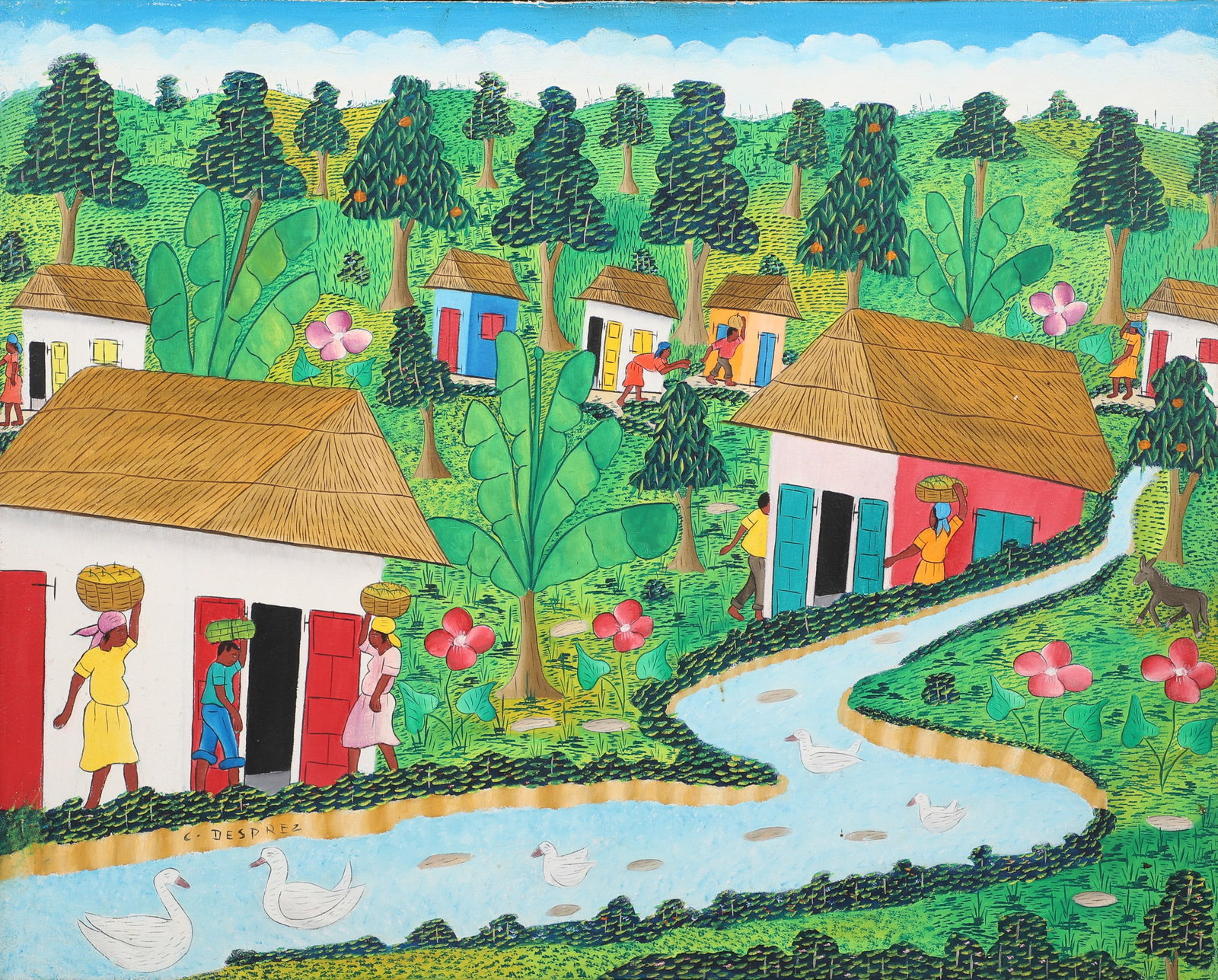 Cyrill Desprez Haitian Village Painting: Cyrill Desprez (20th C Haitian) Haitian Village Painting, oil on canvas, signed C. Desprez, 16" x 20", framed 17" x 21", very good condition