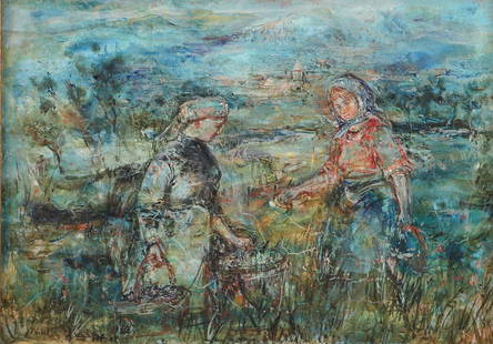 Edna Hibel Painting "Picking Flowers": Edna Hibel (American 1917-2015) Painting "Picking Flowers" oil on panel, signed Hibel 10" x 14 1/4", framed 17 1/4" x 21 1/4", very good condition