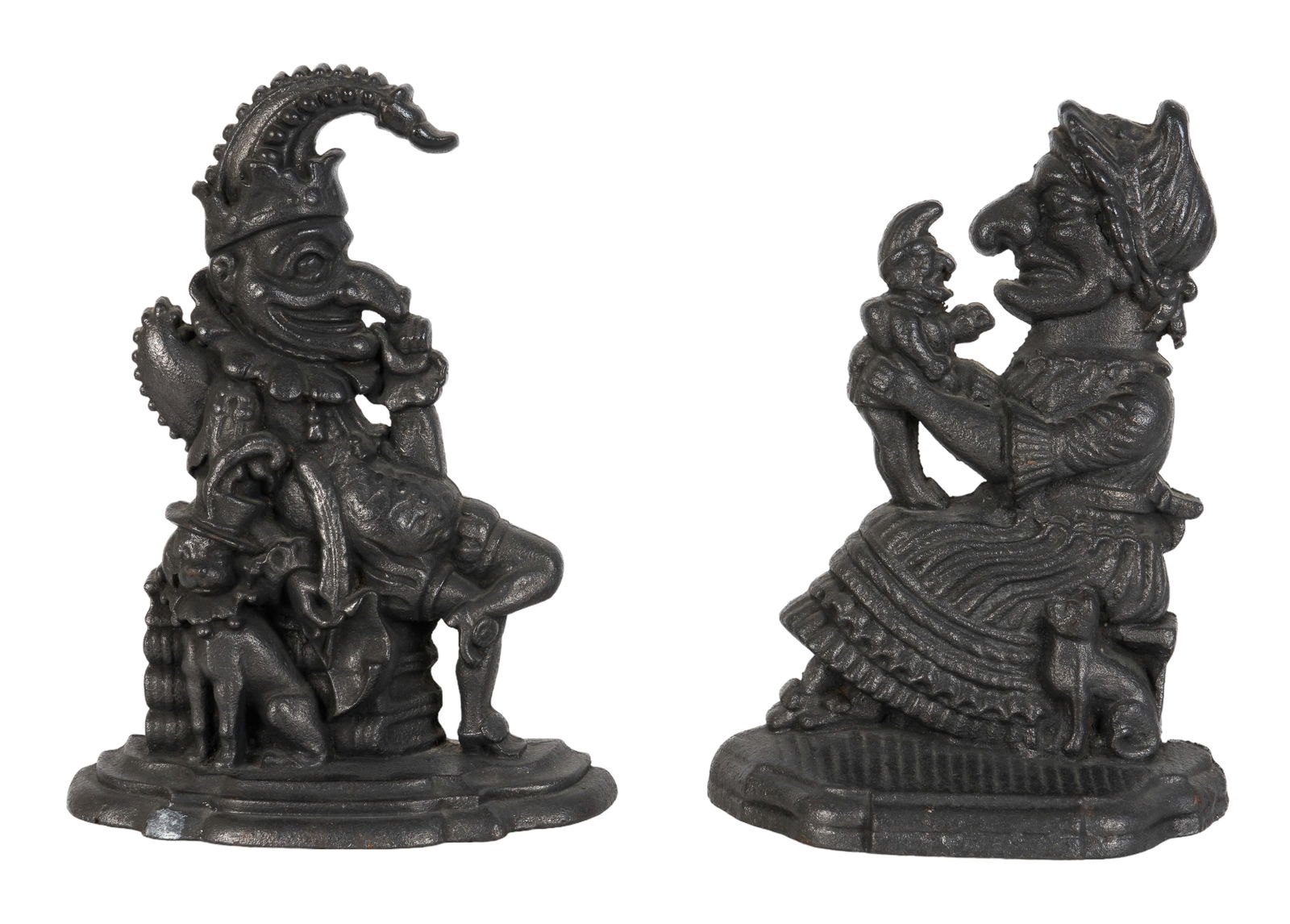 Pair of Cast Iron Punch & Judy Doorstops: Pair of cast iron Punch & Judy doorstops, tallest 12-1/4"