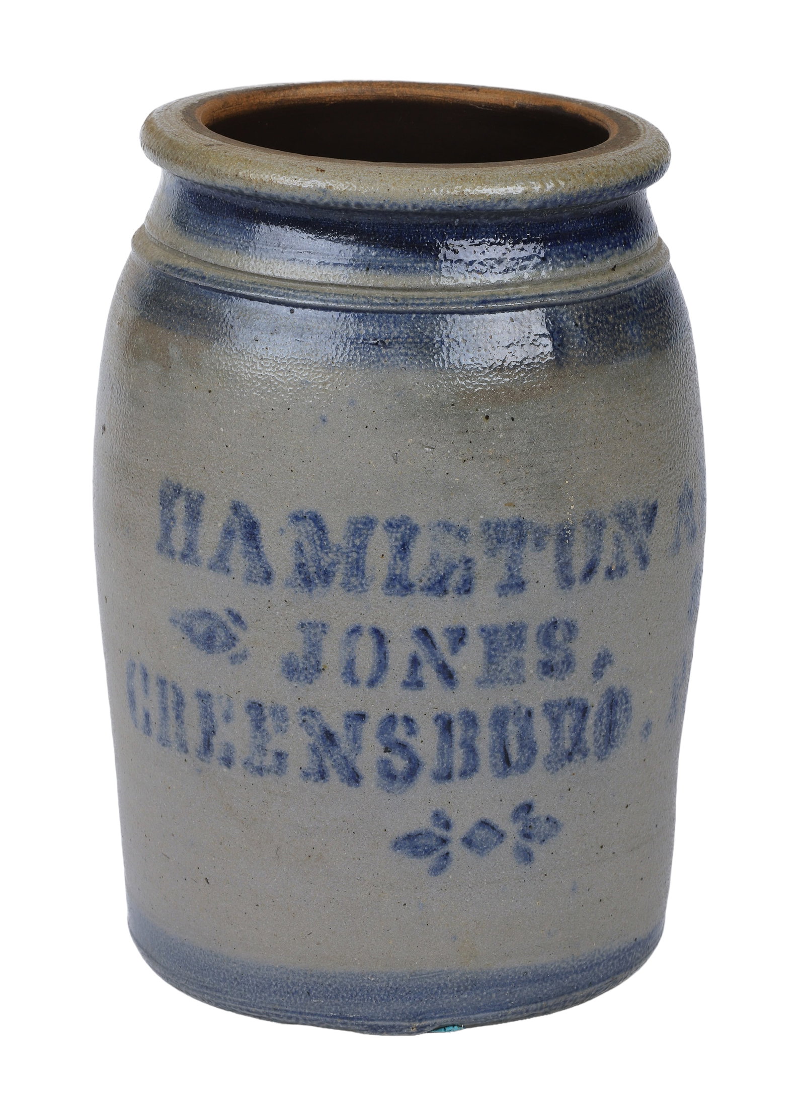 Hamilton & Jones Stoneware Crock: Hamilton & Jones stoneware crock, blue stenciled "Hamilton & Jones Greensboro PA", 9-3/4" h