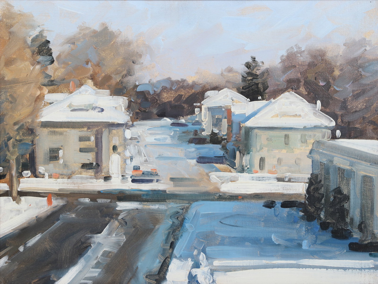 Chris Nissen Landscape with Buildings: Chris Nissen (American, b 1949) landscape with buildings, oil on panel, signed "Chris Nissen" on reverse, 12" x 16", framed 13-3/4" x 17-3/4", excellent condition