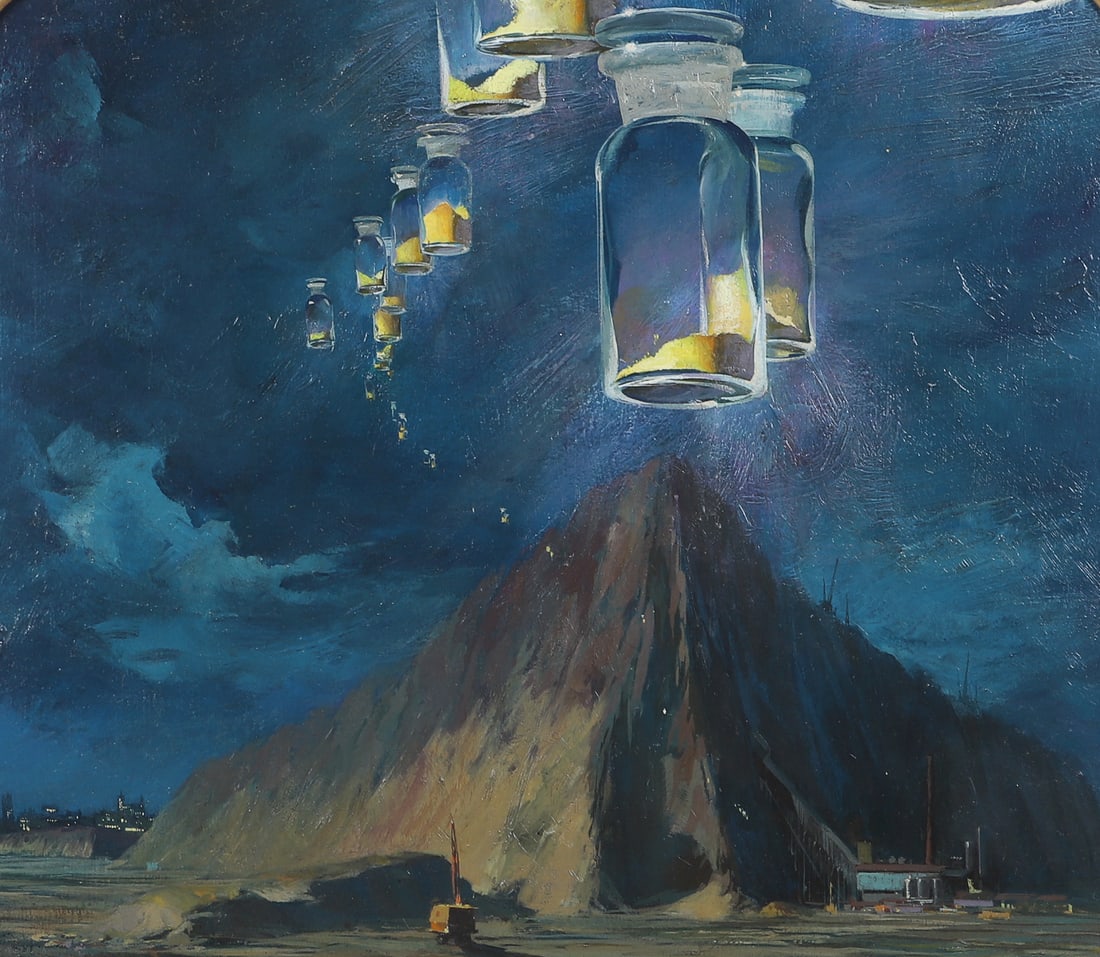 Stanley Meltzoff Industrial Scientific Illustration: Stanley Meltzoff (American, 1917-2006) industrial scientific illustration depicting uranium extraction from Johannesburg gold mines, created for Rohm & Haas 1956, oil on board, signed "SM", 20" x 18" 