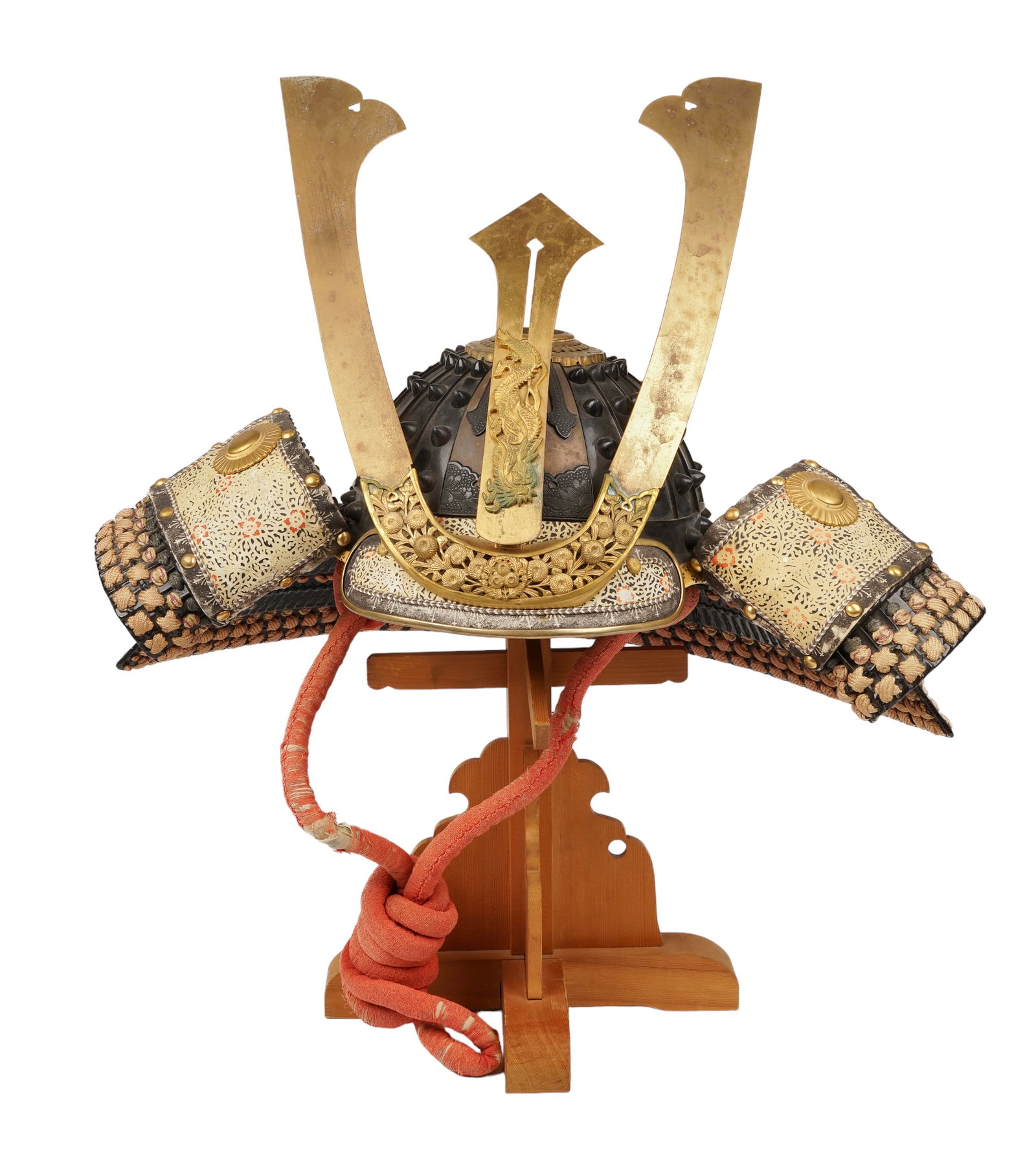 Replica of Japanese Samurai Helmet: Replica of Japanese Samurai helmet, quality replica with leather and brass mounts, very good condition