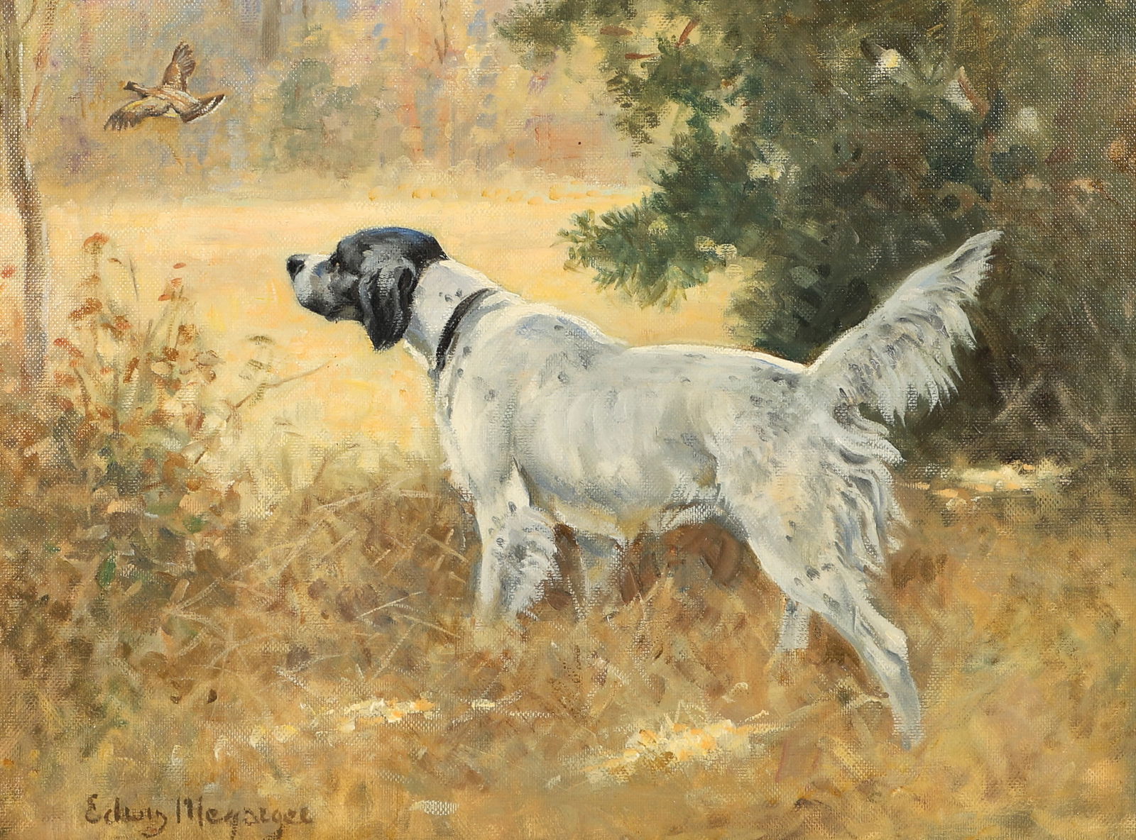Edwin Megargee "English Setter in the Field": Edwin Megargee (American, 1883-1958) "English Setter in the Field", oil on canvas, signed "Edwin Megargee", 12" x 16", framed 17-3/4" x 21-3/4", excellent condition, professionally restored