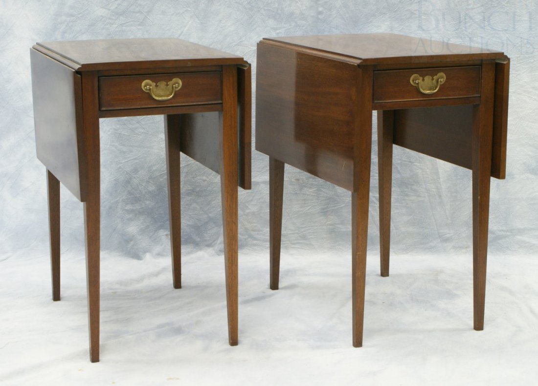 Pair of Henkel Harris Mahogany Hepplewhite Style: Pair of Henkel Harris Mahogany Hepplewhite Style Pembroke tables, 23" long x 14" wide, 11" leaf