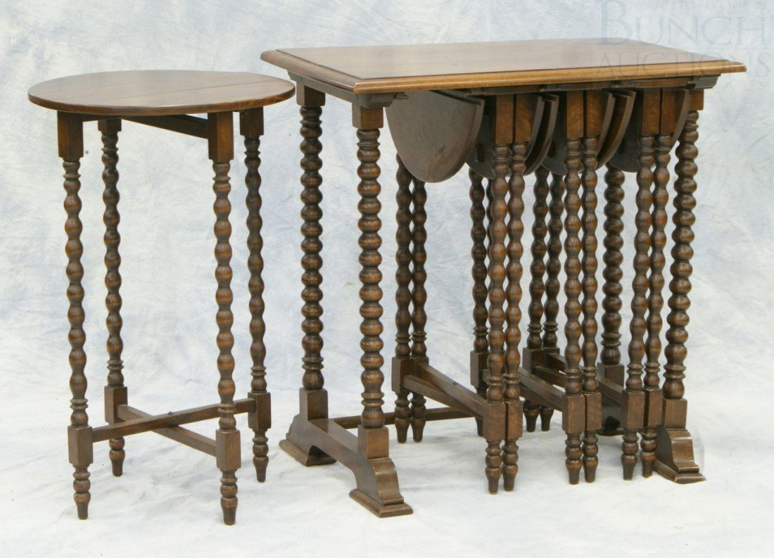 Unusual Nest of 4 Folding Tables, Self Storing,: Unusual Nest of 4 Folding Tables, Self Storing, under a small console table, spool turned legs, overall dimensions 27-1/2" wide x 17-1/2" deep, each small table opens to a 17" round occasional table