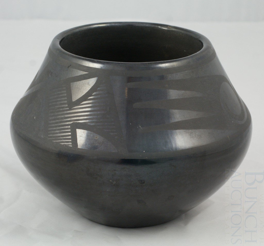 Marie and Julian Martinez, San Ildefonso, black: Marie and Julian Martinez, San Ildefonso, black on black pottery bowl, bear claw design, 6" d, 4 1/4" h
