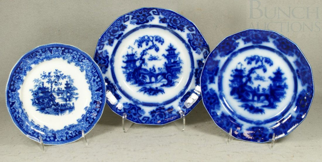 3 pcs flow blue transferware, Kin Shan soup bowl,: 3 pcs flow blue transferware, Kin Shan soup bowl, 10 1/2", plate 9 1/2", Shanghai plate, 8 5/8", no damage noted