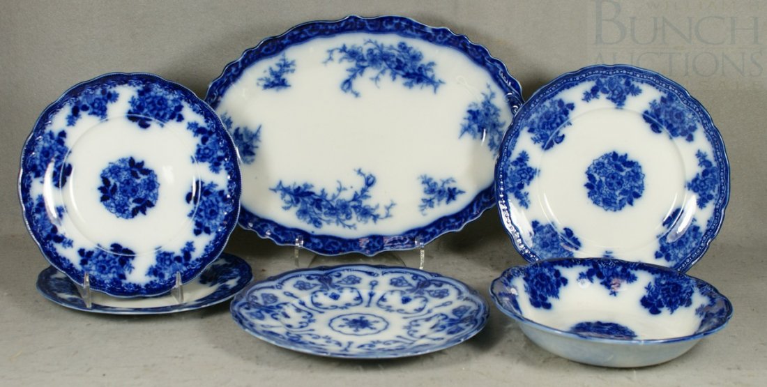 6 pcs flow blue transferware, 3 Waldorf plates, W: 6 pcs flow blue transferware, 3 Waldorf plates, Waldorf bowl, Conway plate, Touraine platter, 15" long, no damage noted