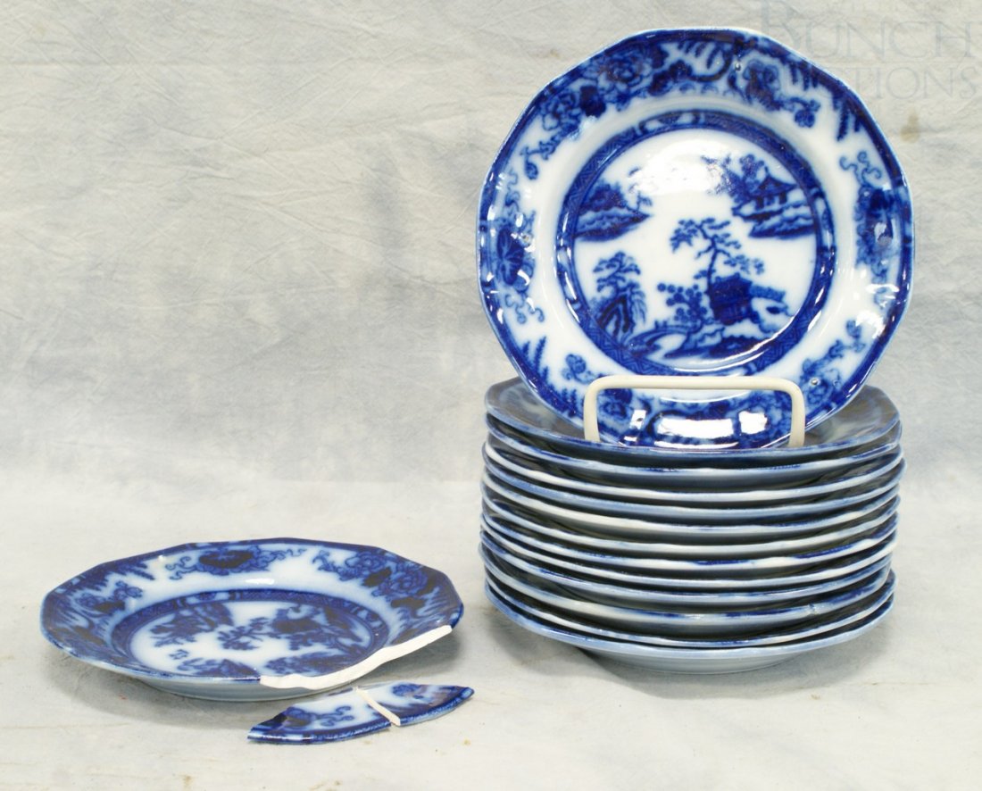 12 Hong Kong pattern flow blue plates, 7 1/4" d,: 12 Hong Kong pattern flow blue plates, 7 1/4" d, one broken, impressed "New Stone China"
