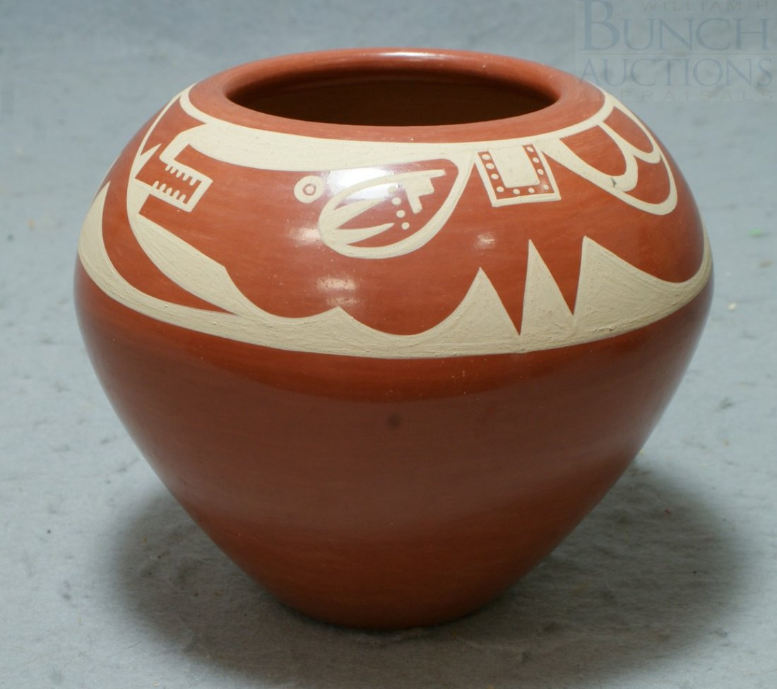 Helen Gutierrez, San Ildefonso Pueblo, redware va: Helen Gutierrez, San Ildefonso Pueblo, redware vase with polished surface with painted brown slip serpent and geometric designs, 4 3/4" tall, 6" d