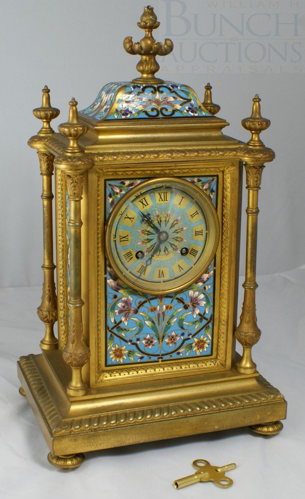Gilt Bronze and Champlevé French Mantle Clock, mo: Gilt Bronze and Champlevé French Mantle Clock, movement by Japy Freres, inscribed Tiffany and Co. New York 4497, on back of movement, dial inscribed Tiffany and Co. New York as well, 14" tall