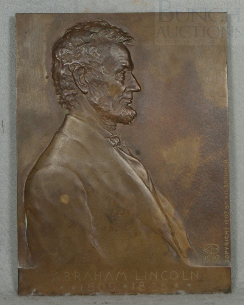 Victor D Brenner, American, 1871-1924, bronze pla: Victor D Brenner, American, 1871-1924, bronze plaque of Abraham Lincoln in profile, created 2 years prior to the design on the US Lincoln cent designed by Brenner, dated 1907, 9 1/2" x 7"