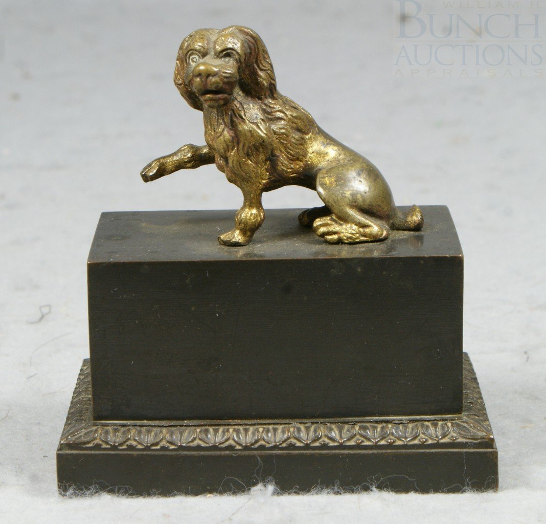 Bronze Grand Tour inkwell, seated dog on lid, int: Bronze Grand Tour inkwell, seated dog on lid, interior with 2 pen holders, a sander, and an ink reservoir, 3 3/4" l & h