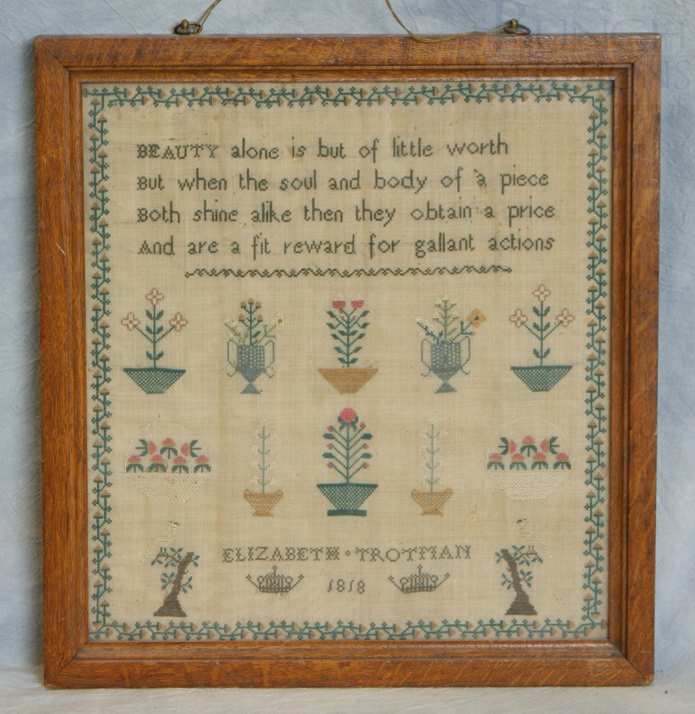 Pictorial needlework sampler, Elizabeth Trotman, : Pictorial needlework sampler, Elizabeth Trotman, 1818, 2 rows urns of flowers, strawberries, English, 12 1/2" x 11 3/4"