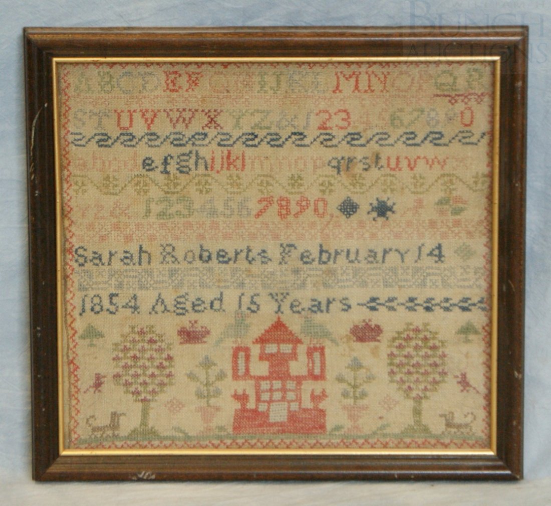 Scenic needlework sampler, "Sarah Roberts, Februa: Scenic needlework sampler, "Sarah Roberts, February 14, 1854, aged 15 years" lower portion depicting a house trees, dogs and birds, 11" x 12"