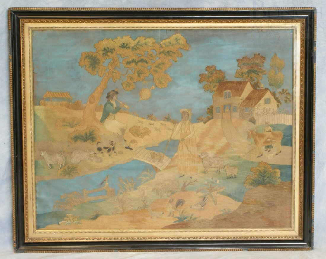 Silk and wool embroidered panel depicting a man a: Silk and wool embroidered panel depicting a man and woman alongside a bridge and stream with sheep and dogs surrounding them, woman with a cow, fox hunt going up the hill behind them, with a blue pain