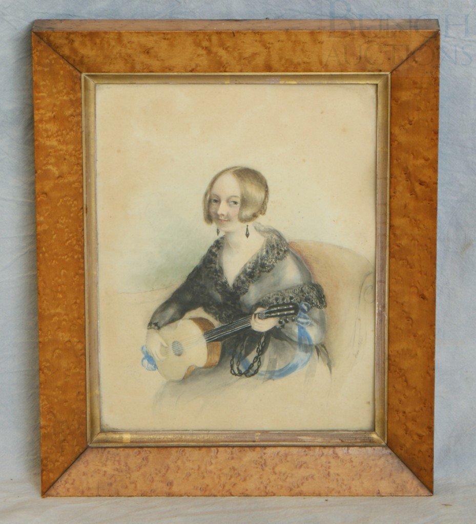 English School 19C, w/c, woman playing a stringed: English School 19C, w/c, woman playing a stringed instrument, contained in a birdseye maple frame, 11 1/2" x 9 1/2" overall dimension, backed with an English 1850 newspaper