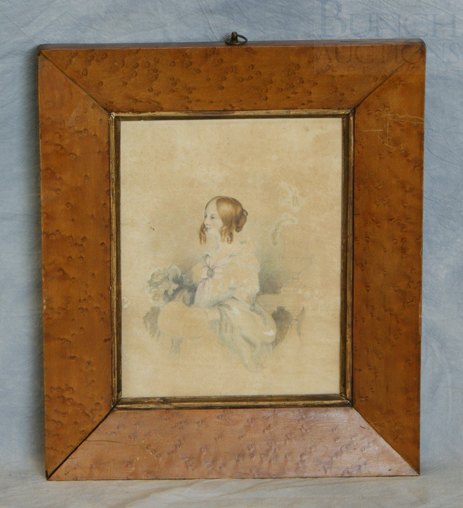 American School, 19C, W/C, young woman holding fl: American School, 19C, W/C, young woman holding flowers standing in front of an urn, contained in a birdseye maple veneered frame, overall 14 1/4" x 12 1/2"
