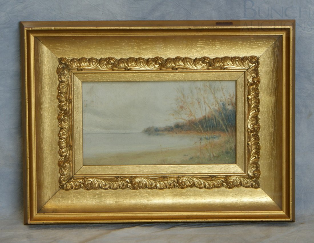 American School, 19C, o/c, lake landscape contain: American School, 19C, o/c, lake landscape contained in a gilt shadow box frame, the canvas 5" x 9", overall dimension 11 5/8" x 15 1/2", unsigned