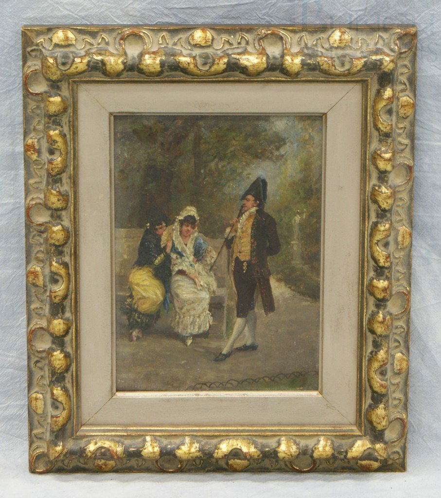 English School, 19C, O/C, 2 woman on bench with c: English School, 19C, O/C, 2 woman on bench with courting gentleman, 8" x 6", relined