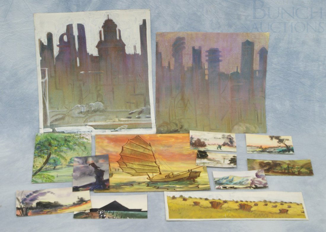 Richard Baldwin, American, PA, b 1920, d 2012, (1: Richard Baldwin, American, PA, b 1920, d 2012, (13) works, watercolor on paper and board, oil on canvas, miniature landscape studies, industrial skylines, and Asian sails at sunset, largest measures 1