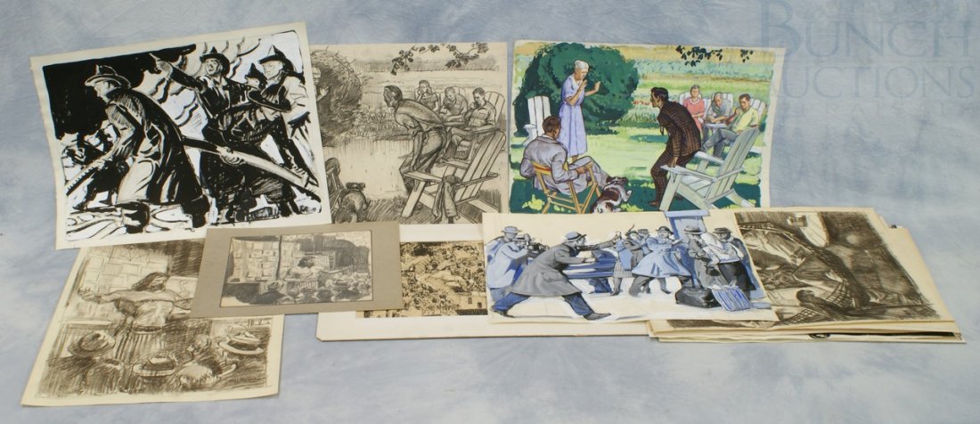 Richard Baldwin, American, PA, b 1920, d 2012, (2: Richard Baldwin, American, PA, b 1920, d 2012, (20) works, pencil, charcoal, gouache, and mixed media on paper, sketch studies and final images of Mighty Adam sideshow, storytelling, firefighters, kit