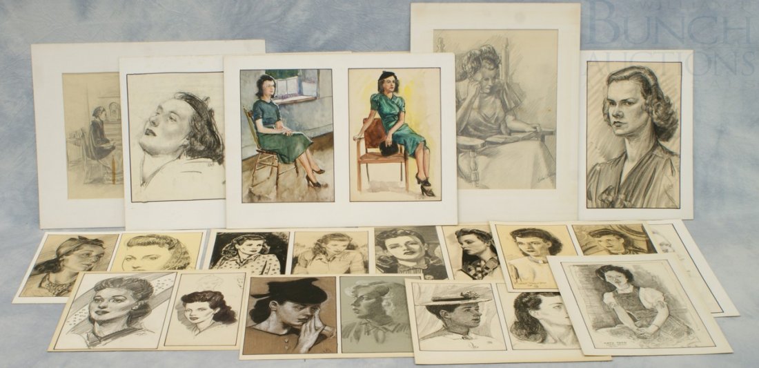 Richard Baldwin, American, PA, b 1920, d 2012, (2: Richard Baldwin, American, PA, b 1920, d 2012, (20+/-) works, pencil, charcoal, and watercolor on paper and board, numerous portraits of various young ladies, women gathered for tea, largest work meas