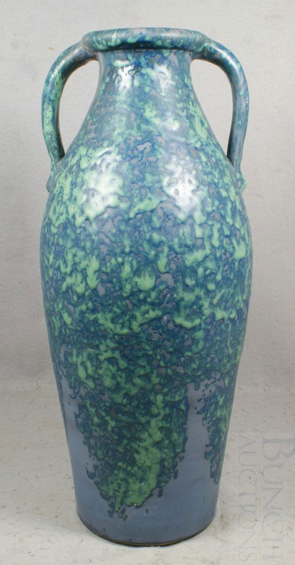 American art pottery floor vase, Zanesville, Ohio: American art pottery floor vase, Zanesville, Ohio, c 1920, matte purple glaze with blue green accents, 22" tall