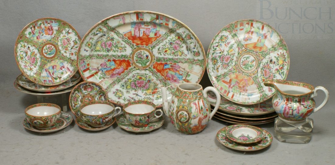 20 pcs Rose Medallion porcelain, c/o 14 3/4" oval: 20 pcs Rose Medallion porcelain, c/o 14 3/4" oval platter, hog snout creamer, teapot missing lid, 3 cups & saucers, 11 plates of various sizes, a few chips and flakes