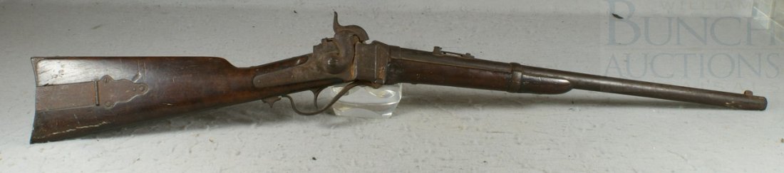 C Sharps New Model 1863 carbine, iron furniture w: C Sharps New Model 1863 carbine, iron furniture with patchbox, SN 83131, undisturbed patina, some rust