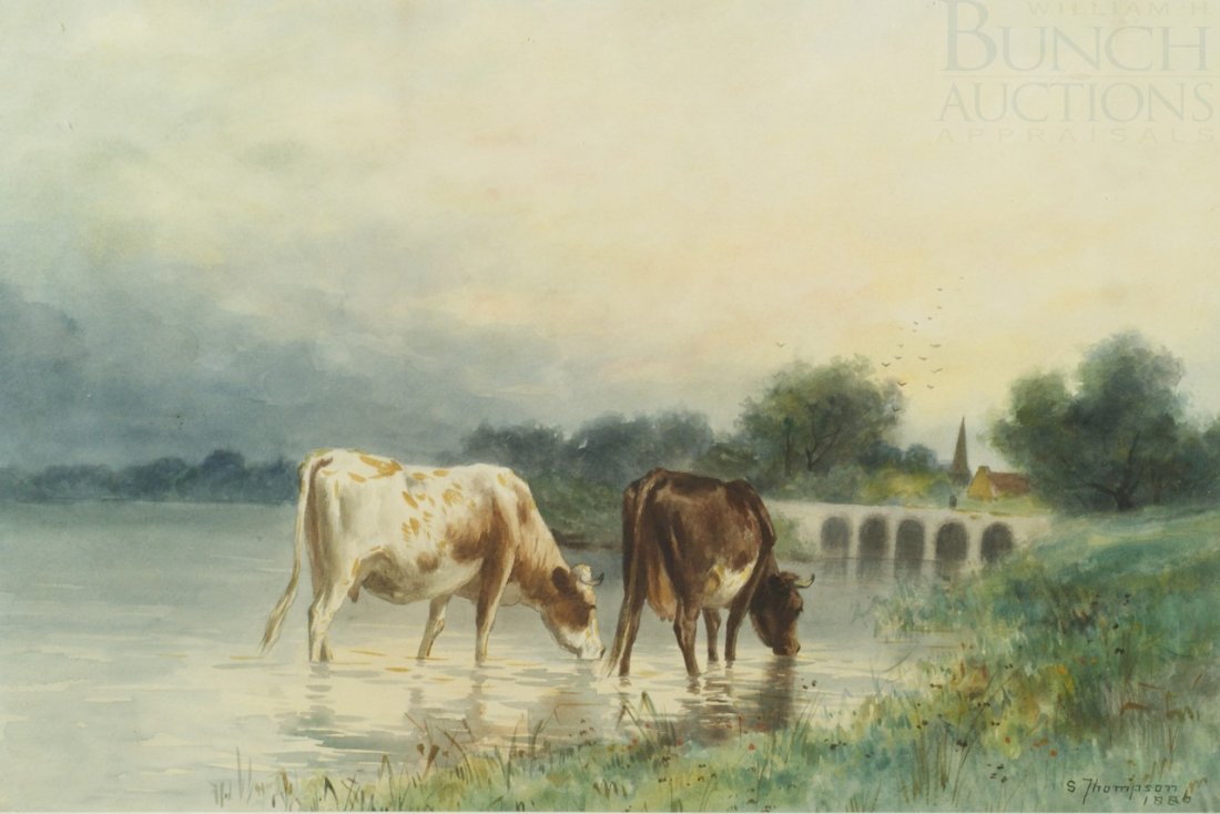 S Thompson, American, Chester Co, PA, 19th c, w/c: S Thompson, American, Chester Co, PA, 19th c, w/c, Cows in a Stream, 14" x 21", dated 1886