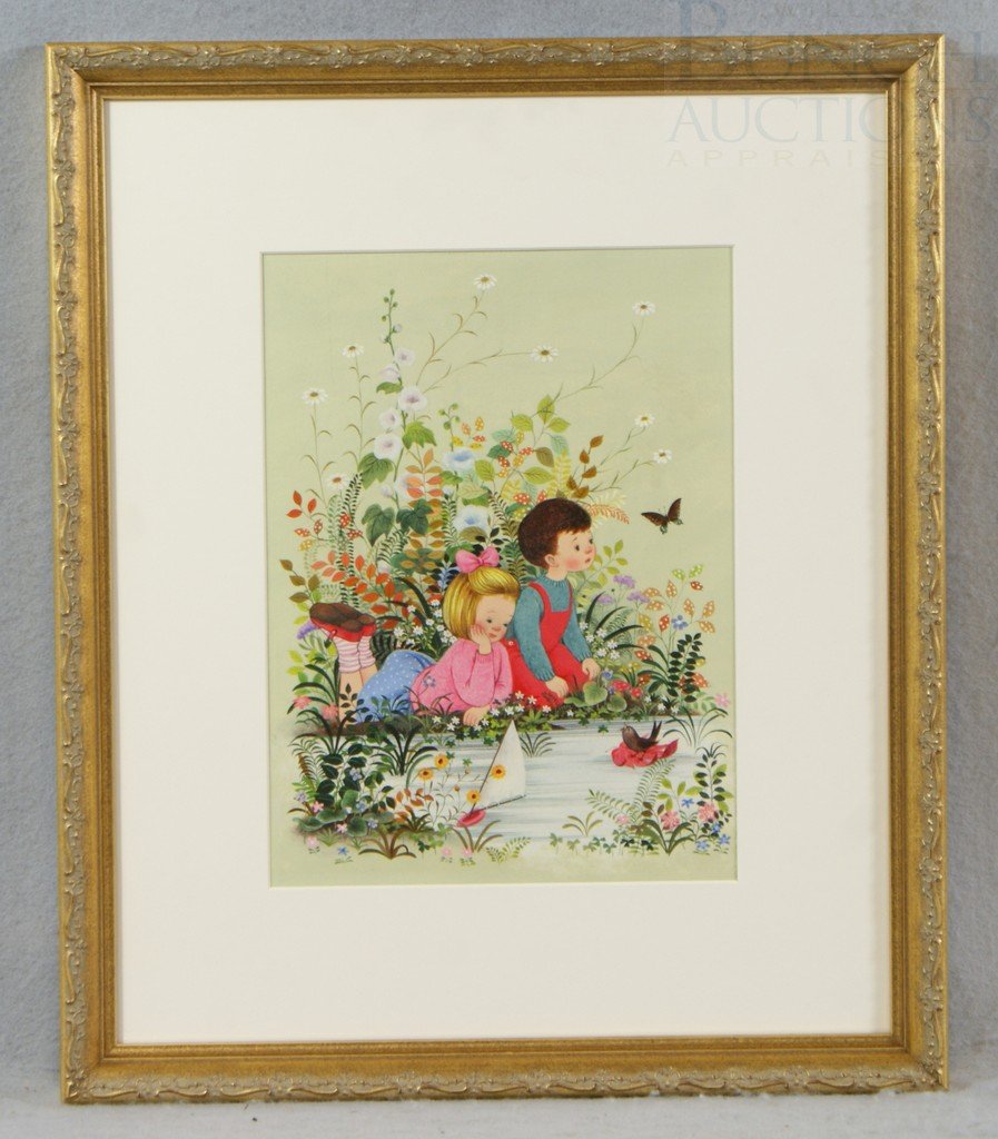 American Illustration School, 20th c, w/c, 2 Youn: American Illustration School, 20th c, w/c, 2 Young Children in floral & water landscape with bird & butterfly, 11 1/2" x 8 1/2", unsigned