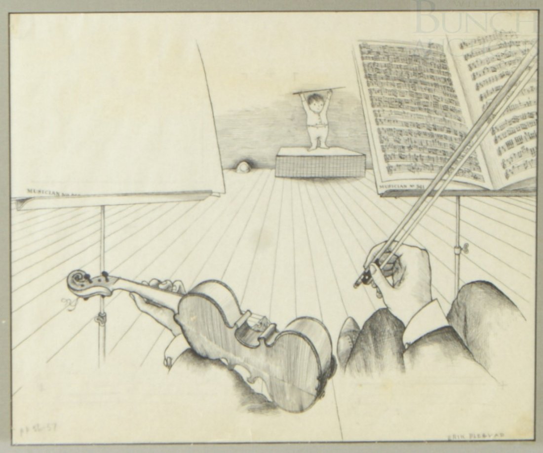 Eric Blegvad, 20th c, pen and ink, Young Boy Cond: Eric Blegvad, 20th c, pen and ink, Young Boy Conducting violinist, 9" x 10 3/4"