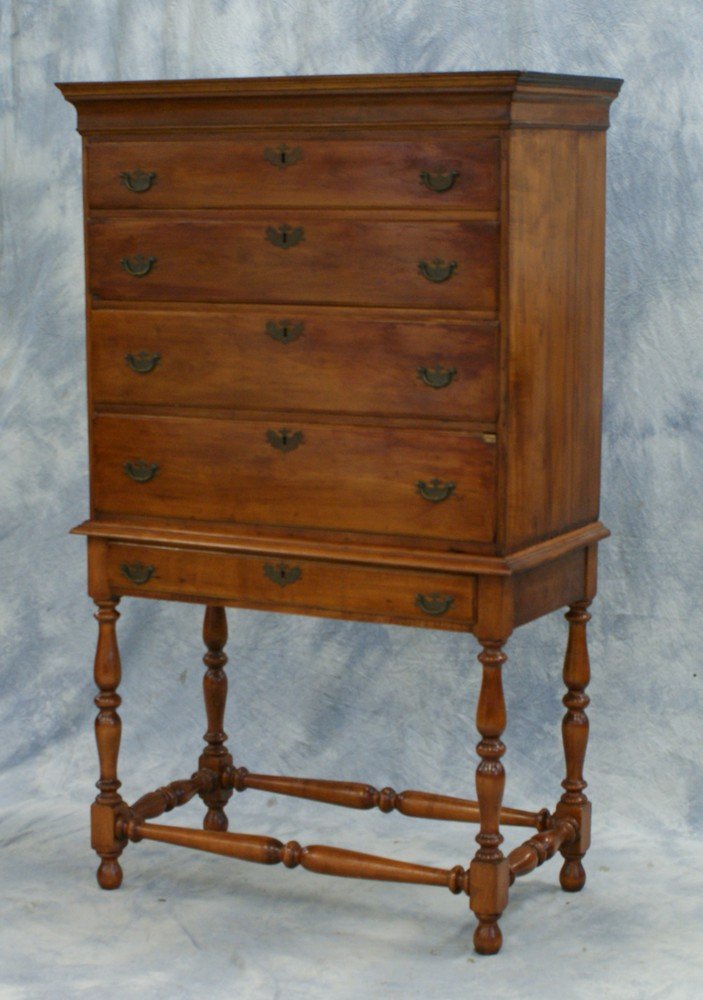 New England Cherry William and Mary Highboy, top: New England Cherry William and Mary Highboy, top with 4 graduated lipped drawers with replaced brasses, on a later base with turned legs and stretchers, 64" h x 38-1/2" w x 21" d
