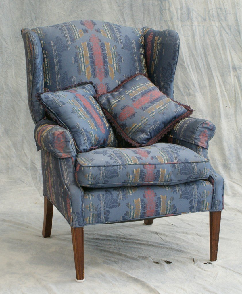Hepplewhite style wing chair, blue floral uphols: Hepplewhite style wing chair, blue floral upholstery, 20th c