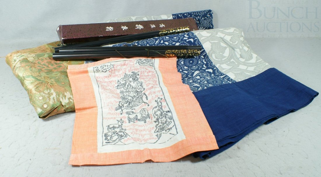 A lot of Asian textiles to include Japanese silk : A lot of Asian textiles to include Japanese silk patchwork cloth (frayed), a small Tibetan textile, and a large Japanese bed throw in shades of blue and gray together with a textile hanger