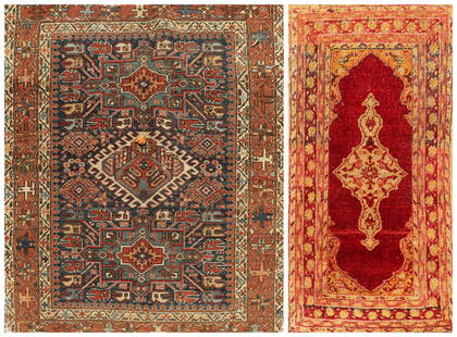 (2) Throw Rugs, 3'5" x 4' Caucasian: (2) Throw Rugs, 3'5" x 4' Caucasian, 1'6" x 3' Turkish Mat, wear and losses,please see photos for any specific condition concerns