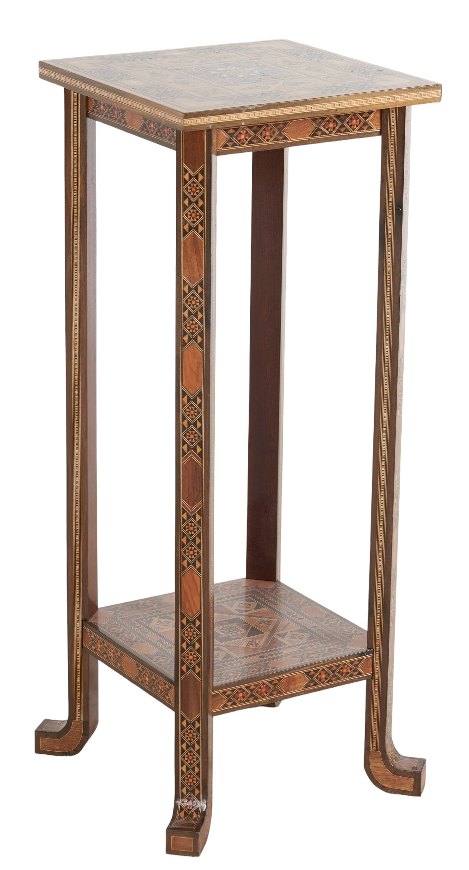Moorish marquetry inlaid 2-tier pedestal: Moorish marquetry inlaid 2-tier pedestal, inlaid star decoration, 30"h x 12"square, No missing pieces, normal wear and scratches to top, no odors, sits flat and level, late 20th c.