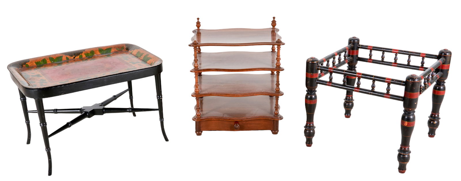 Tole painted bamboo form coffee table, paint decorated turned side table base, mahogany side table (1 of 4)