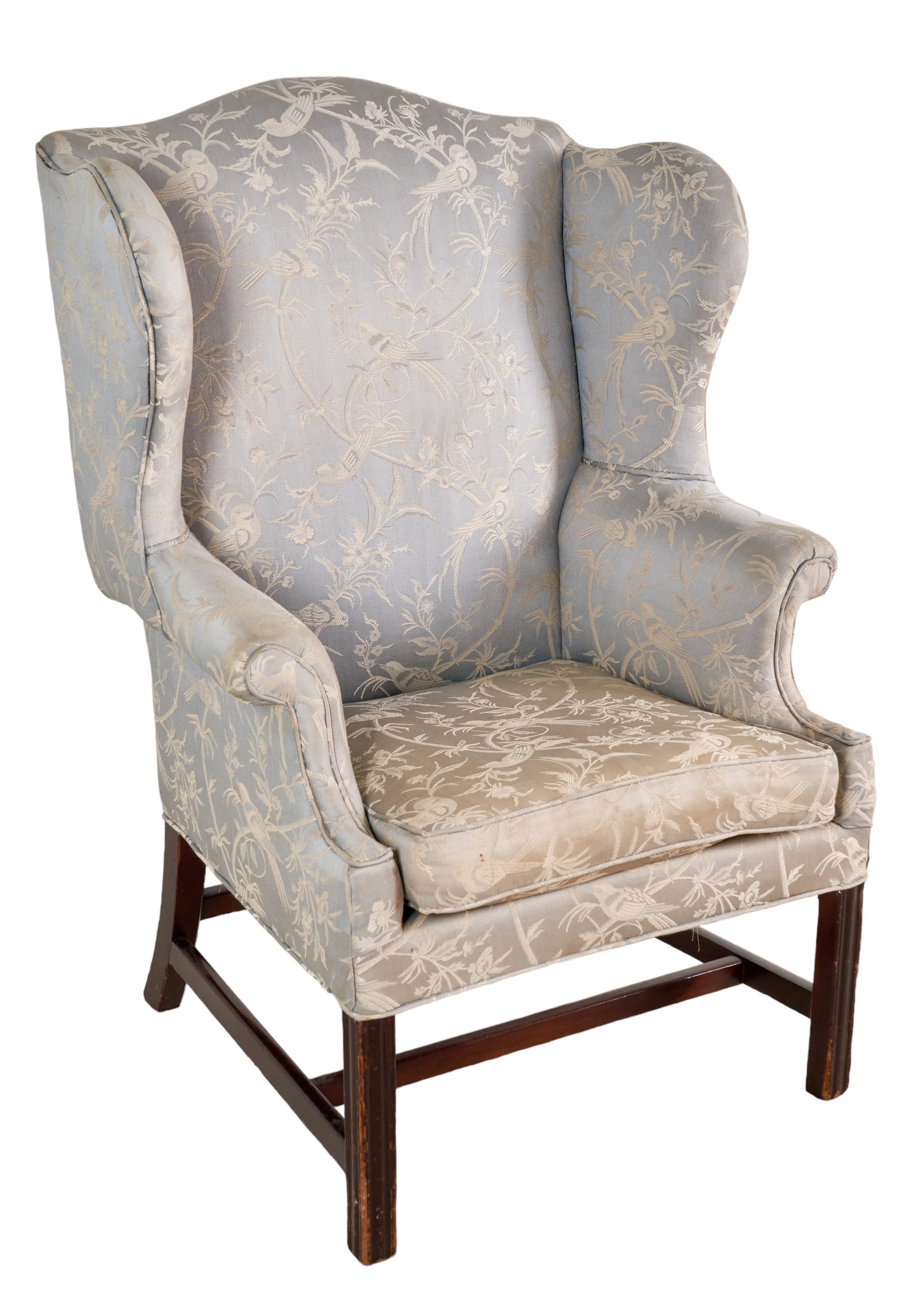 Chippendale style mahogany upholstered wing chair: Chippendale style mahogany upholstered wing chair, floral and bird decorative upholstery on mahogany stretcher, 46"h x 30"w x 35"d, wear and dirty upholstery