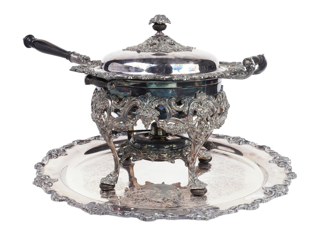 Monumental silverplated warming stand and tray (1 of 5)